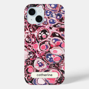 Stylish Modern Abstract Pink Blue Marble Name iPhone 15 Case