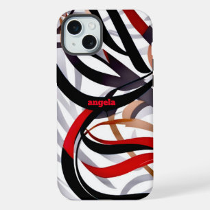 Stylish modern abstract red black brown swirls iPhone 15 plus case
