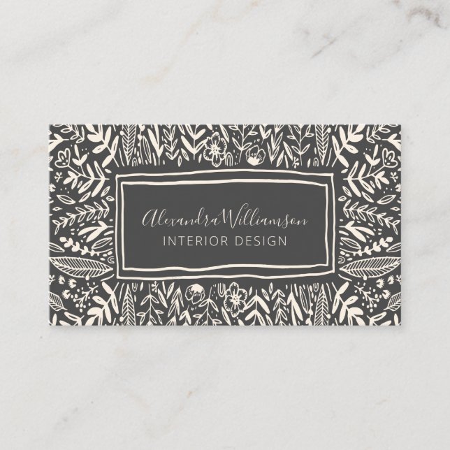 Stylish Modern Black and White Floral Art Border  Business Card (Front)