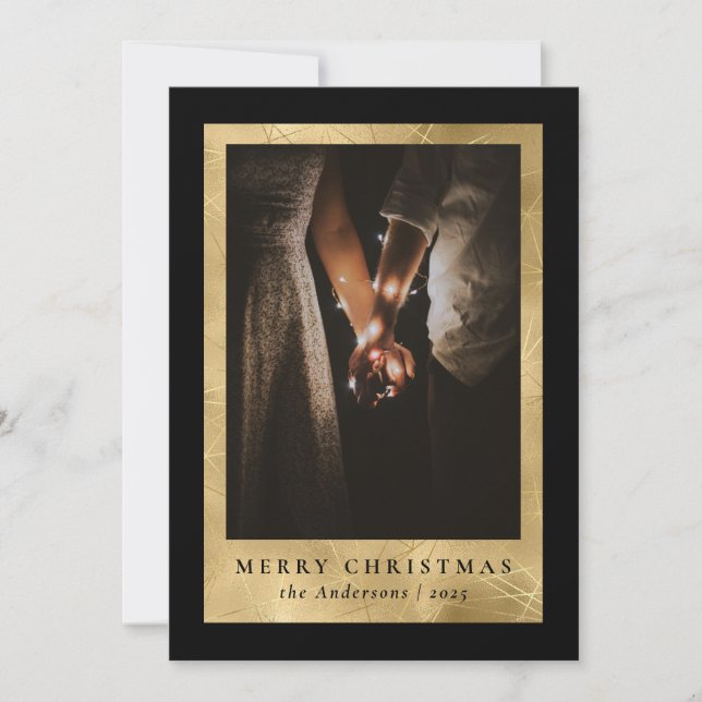 Stylish Modern Black Gold Christmas Family Photo Holiday Card (Front)