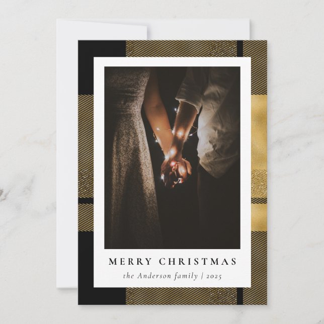 Stylish Modern Black Gold Christmas Family Photo Holiday Card (Front)
