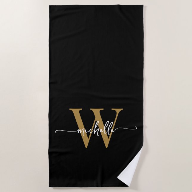 Stylish Modern Black Gold Monogram Name Script Beach Towel (Front)