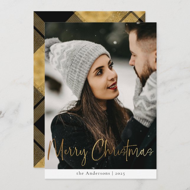 Stylish Modern Black Gold Plaid Christmas Photo Holiday Card (Front/Back)