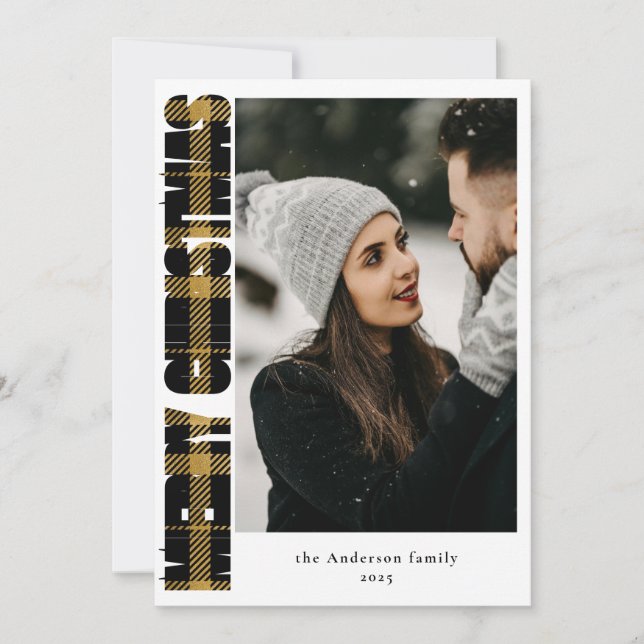 Stylish Modern Black & Gold Plaid Photo Christmas Holiday Card (Front)