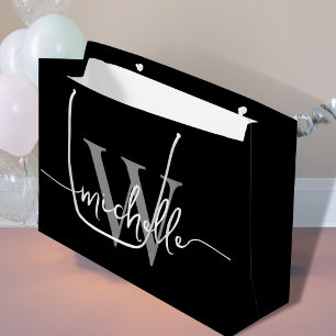 Stylish Modern Black Grey Monogram Initial Script Large Gift Bag