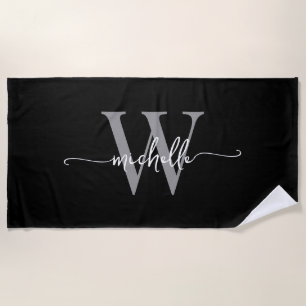 Stylish Modern Black Grey Monogram Name Script Beach Towel