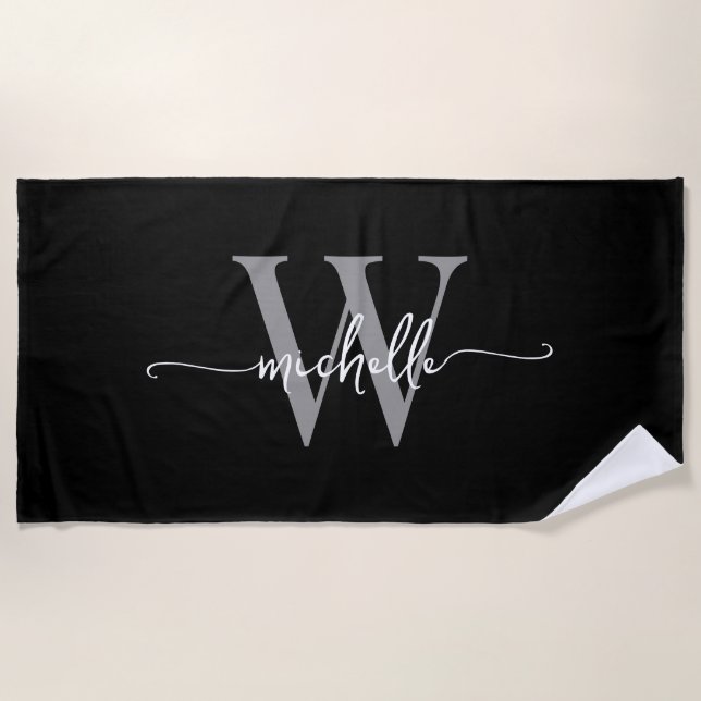 Stylish Modern Black Grey Monogram Name Script Beach Towel (Front)
