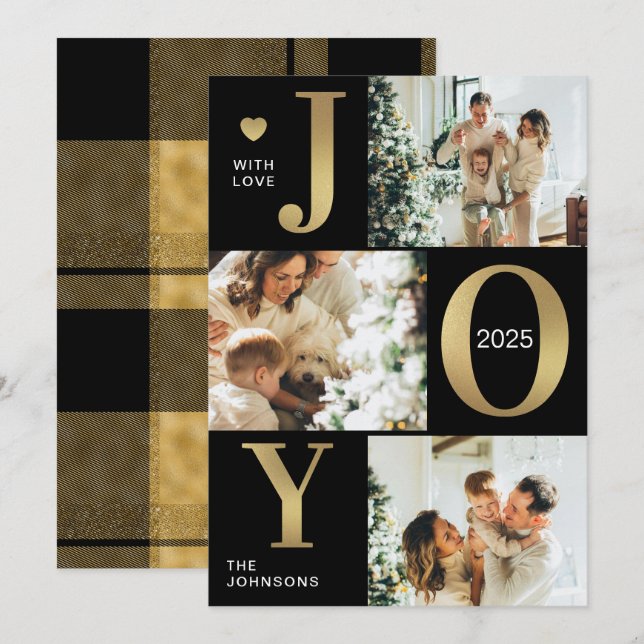 Stylish Modern Black Photo Collage Joy Christmas Holiday Card (Front/Back)