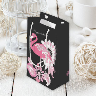 Stylish Modern Black Pink Flamingo Birthday Small Gift Bag