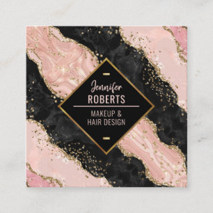 Stylish Modern Black & Pink Marble Gold Glitter Square Business Card
