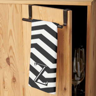 Stylish Modern Black White Chevron Pattern Initial Tea Towel