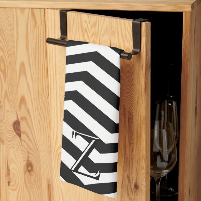 Stylish Modern Black White Chevron Pattern Initial Tea Towel (Thirds Fold)