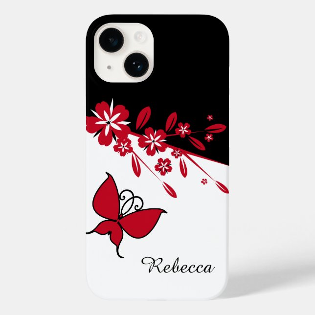 Stylish Modern Black White Red Butterfly Floral Case-Mate iPhone Case (Back)