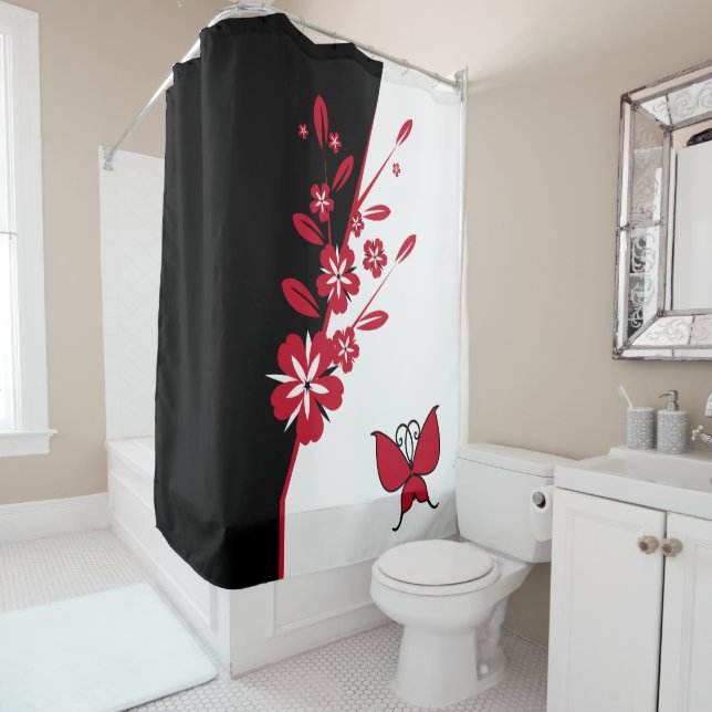 Stylish Modern Black White Red Butterfly Floral Shower Curtain (In Situ)