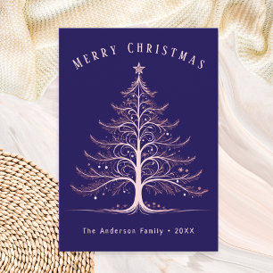 Stylish Modern Blue Christmas Tree Custom Name Holiday Card