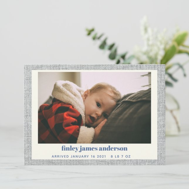 Stylish Modern Blue Grey Linen Baby Photo Birth  Announcement (Standing Front)