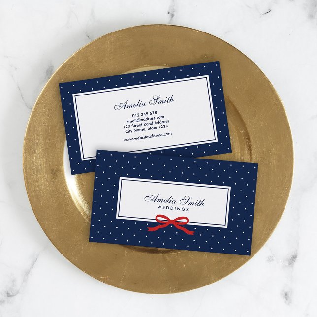 Stylish Modern Blue & White Polka Dot red Ribbon Business Card (Creator Uploaded)