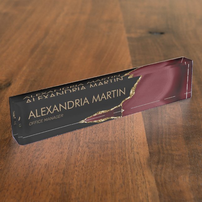 Stylish Modern Burgundy Black Gold Glitter Office Nameplate (Side)