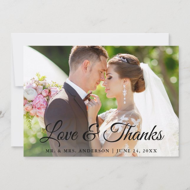 Stylish Modern Calligraphy Love and Thanks Wedding Thank You Card (Front)