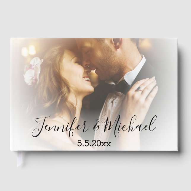 stylish modern calligraphy wedding faded photo guest book (Front)