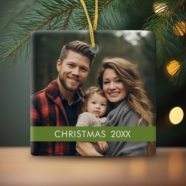 Stylish Modern Christmas - Photo Year Green Stripe Ceramic Tree Decoration (Personalized photo ornament)
