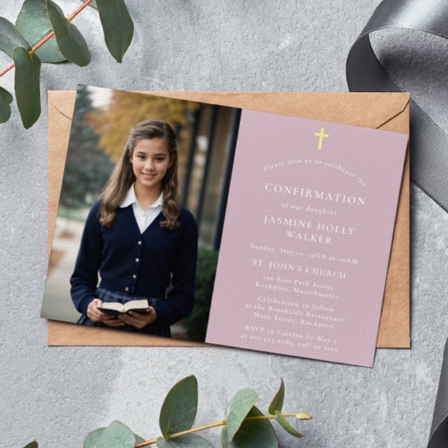 Stylish modern classic photo Pink Confirmation Invitation (Creator Uploaded)