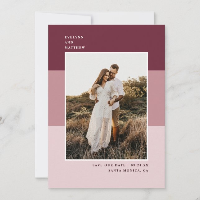 Stylish Modern Colour Block Photo | Berry Save The Date (Front)