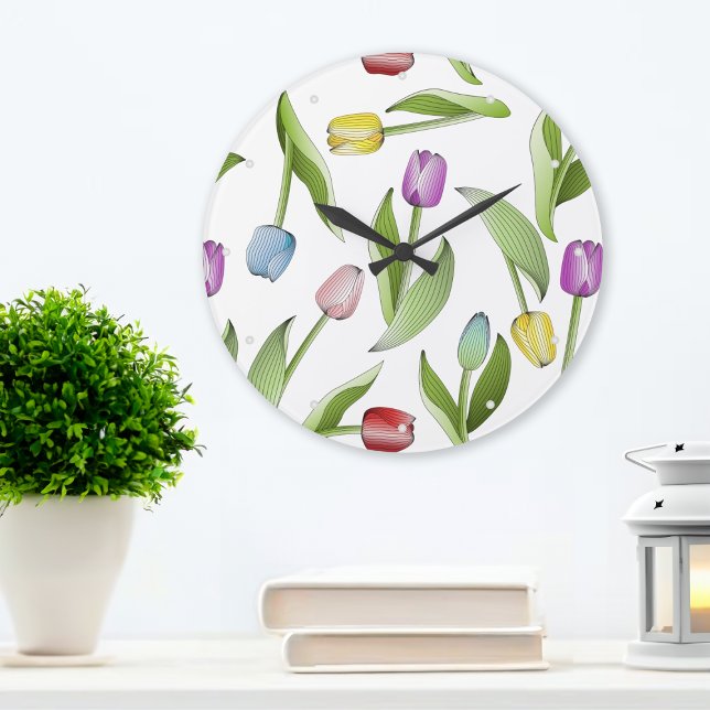 Stylish Modern Colourful Tulip Floral Pattern Large Clock (Creator Uploaded)