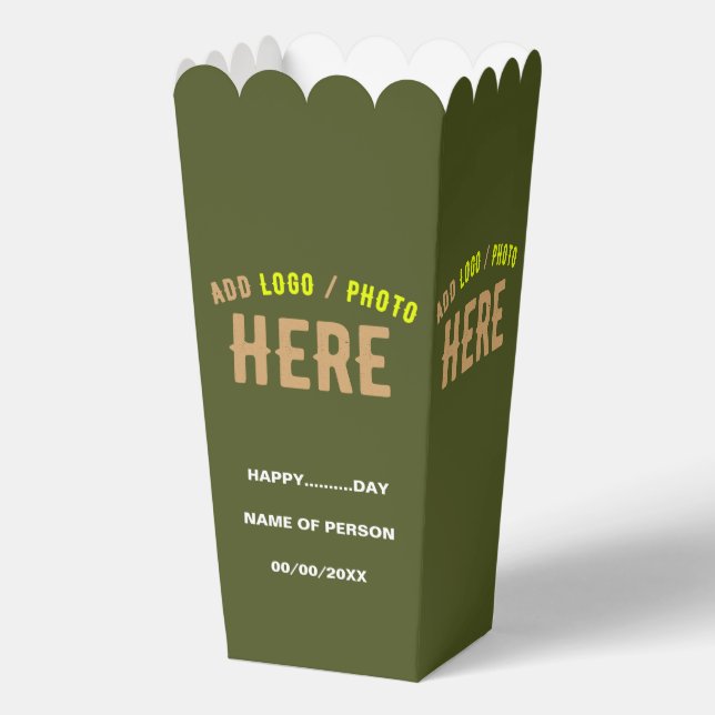 STYLISH MODERN CUSTOM ARMY GREEN BRANDED POPCORN FAVOUR BOX (Front)