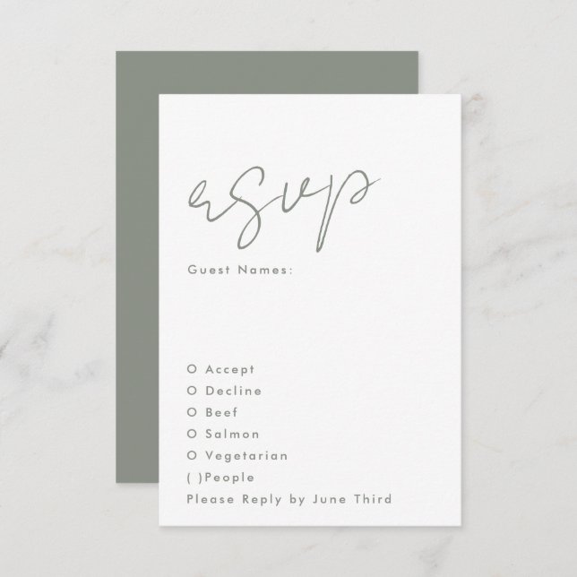 Stylish Modern Custom Names Sage Green Wedding RSVP Card (Front/Back)