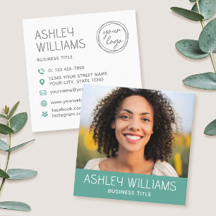 Stylish Modern Custom Photo Colour Logo Green Square Business Card