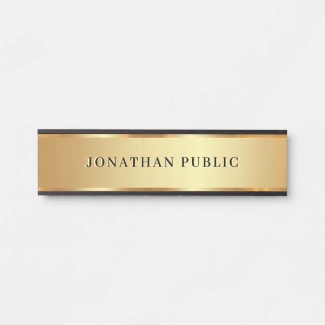 Stylish Modern Custom Text Name Black & Gold Luxe Door Sign (Front)