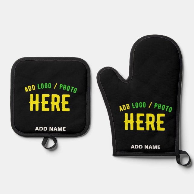 STYLISH MODERN CUSTOMIZABLE BLACK VERIFIED BRANDED OVEN MITT & POT HOLDER SET (Front)
