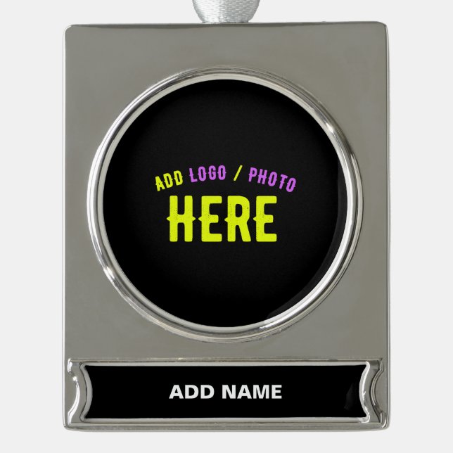STYLISH MODERN CUSTOMIZABLE BLACK VERIFIED BRANDED SILVER PLATED BANNER ORNAMENT (Front)