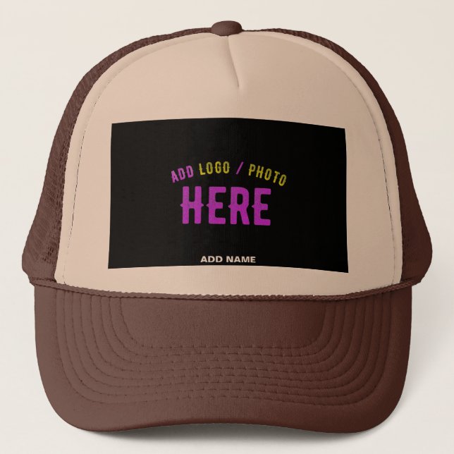 STYLISH MODERN CUSTOMIZABLE TAN BROWN BLACK BRAND TRUCKER HAT (Front)