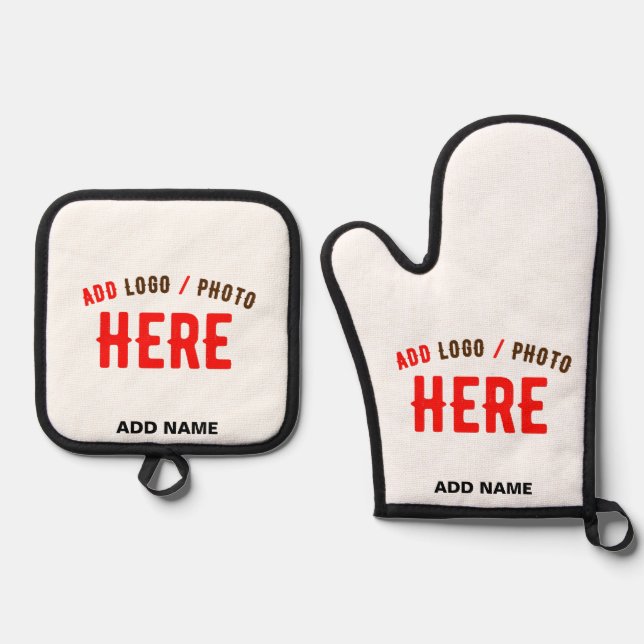 STYLISH MODERN CUSTOMIZABLE WHITE VERIFIED BRANDED OVEN MITT & POT HOLDER SET (Front)