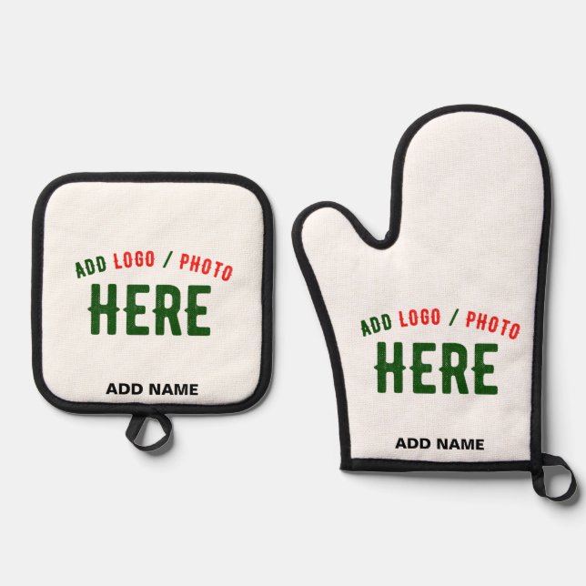STYLISH MODERN CUSTOMIZABLE WHITE VERIFIED BRANDED OVEN MITT & POT HOLDER SET (Front)