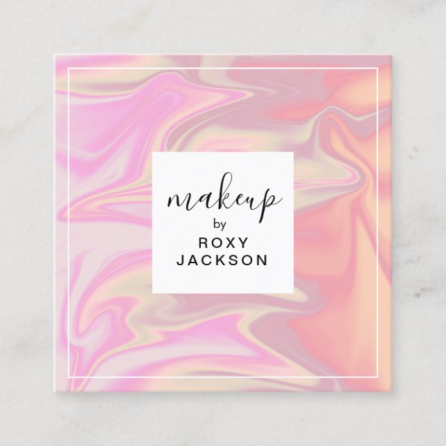 Stylish modern elegant chick holographic makeup square business card (Front)