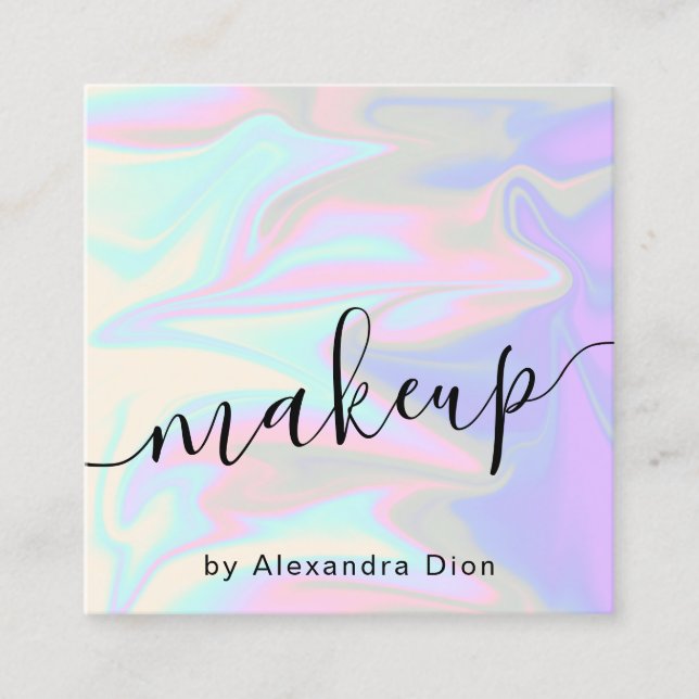 Stylish modern elegant chick holographic makeup square business card (Front)