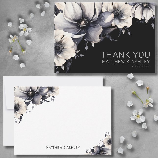 Stylish Modern Elegant Floral Black Wedding Thank You Card (Stylish Modern Elegant Floral Black White Wedding Thank You Card)