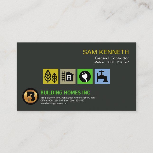 Stylish Modern Elegant Green Contractor's Placard Business Card (Front)