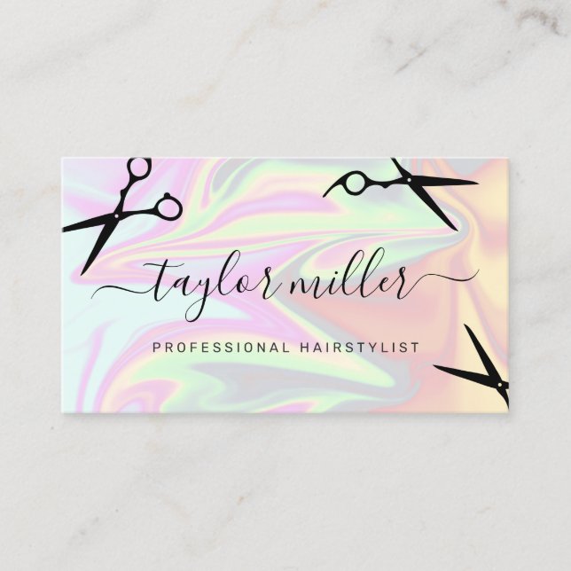 Stylish modern elegant holographic hairstylist business card (Front)