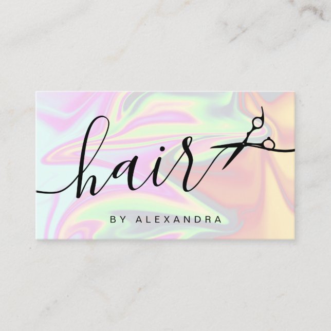 Stylish modern elegant holographic hairstylist business card (Front)