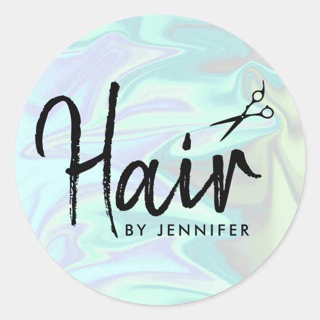 Stylish modern elegant holographic hairstylist classic round sticker (Front)
