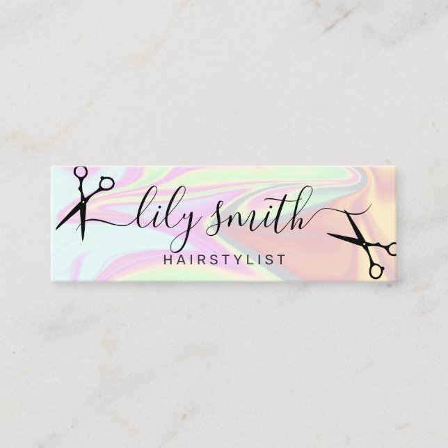 Stylish modern elegant holographic hairstylist mini business card (Front)
