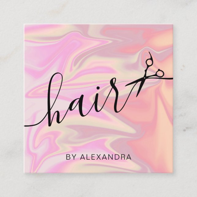 Stylish modern elegant holographic hairstylist square business card (Front)