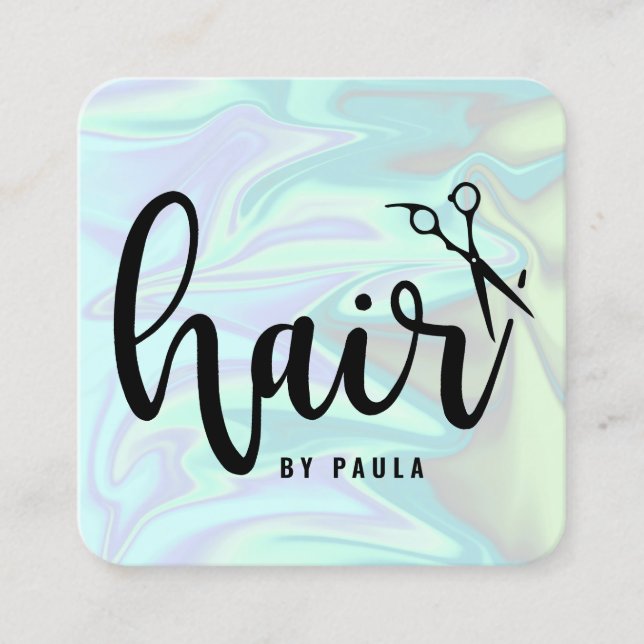 Stylish modern elegant holographic hairstylist square business card (Front)
