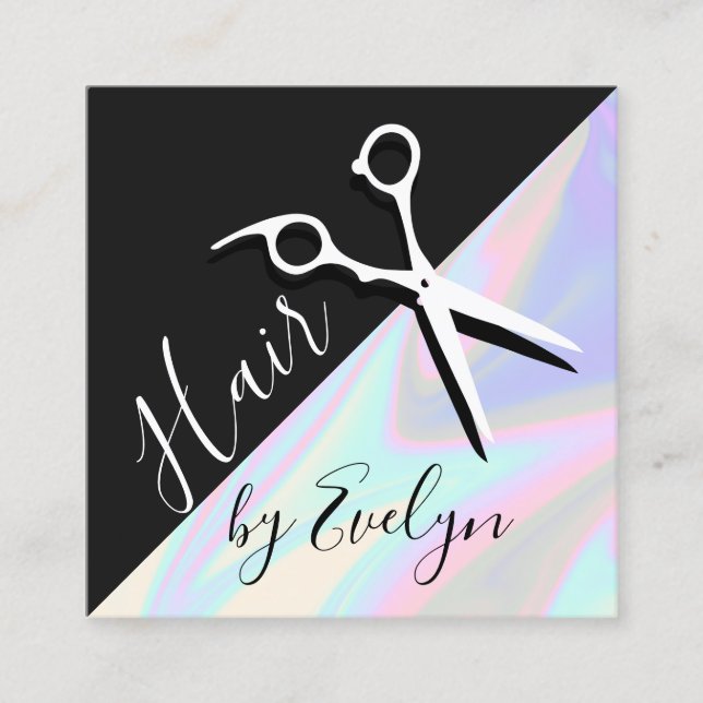 Stylish modern elegant holographic hairstylist square business card (Front)