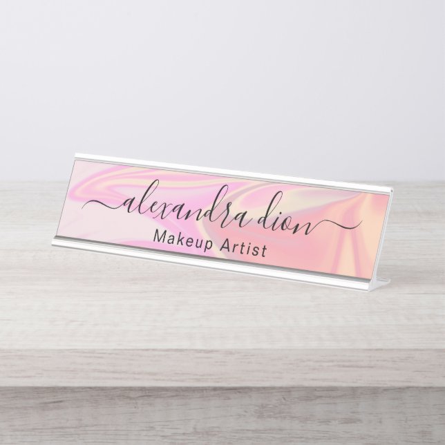 Stylish modern elegant holographic makeup artist  desk name plate (Front)