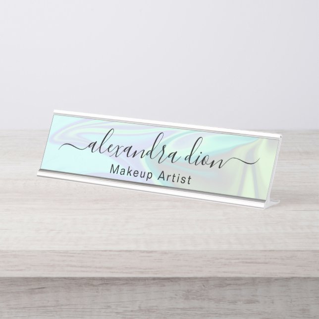 Stylish modern elegant holographic makeup artist  desk name plate (Front)